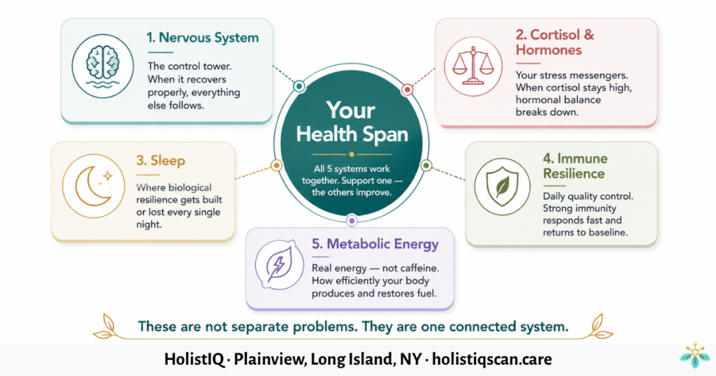 Hub and spoke infographic showing the five systems that drive healthy longevity — nervous system, cortisol and hormones, sleep, immune resilience, and metabolic energy — at HolistIQ holistic wellness center Plainview Long Island